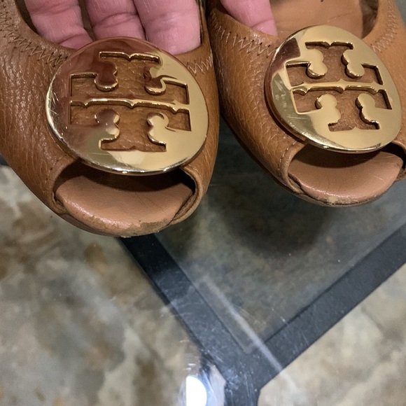 TORY BURCH Sally Peep Toe Wedge Tan Brown Leather Heel Pump - Picture 10 of 13